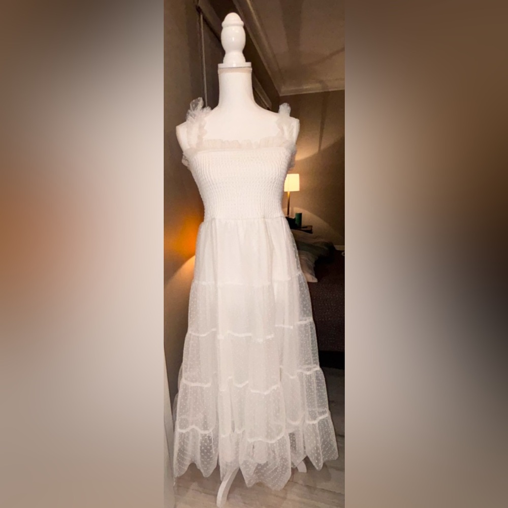 The Darling Dancer White Swiss Dot Ruffled Tiered Midi Dress